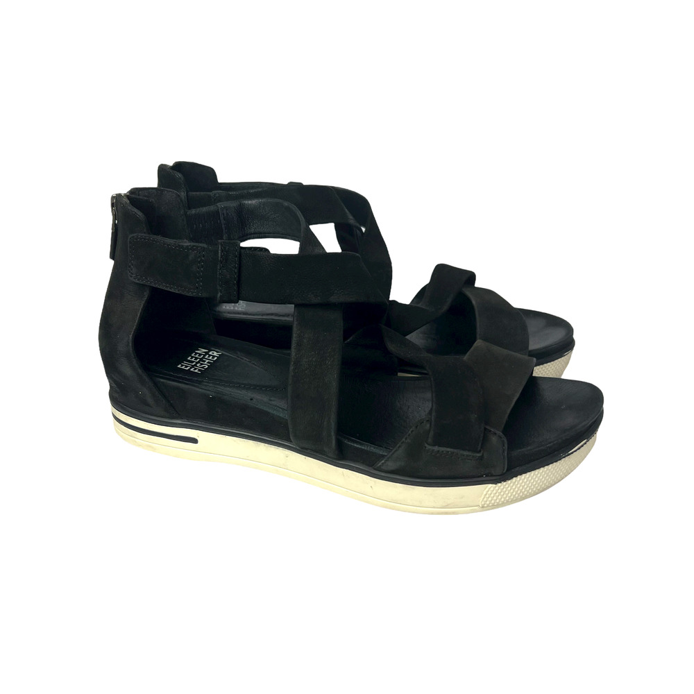 Eileen Fisher Black Leather Back Zip Flat Sporty Sandals Strappy Open Toe